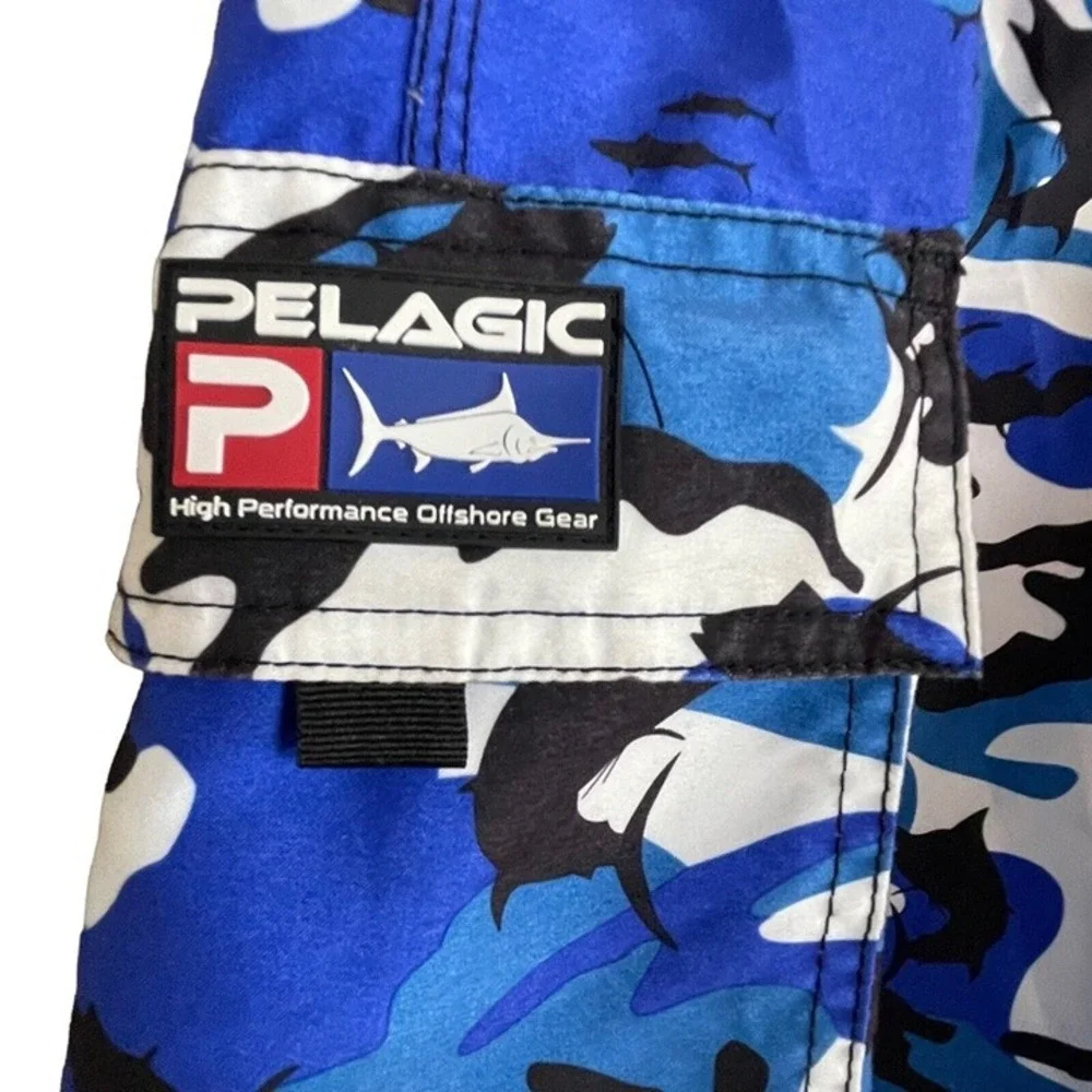 Pelagic Fish Camo Board Shorts Mens 36 Blue Black White Fishing Cargo Angler